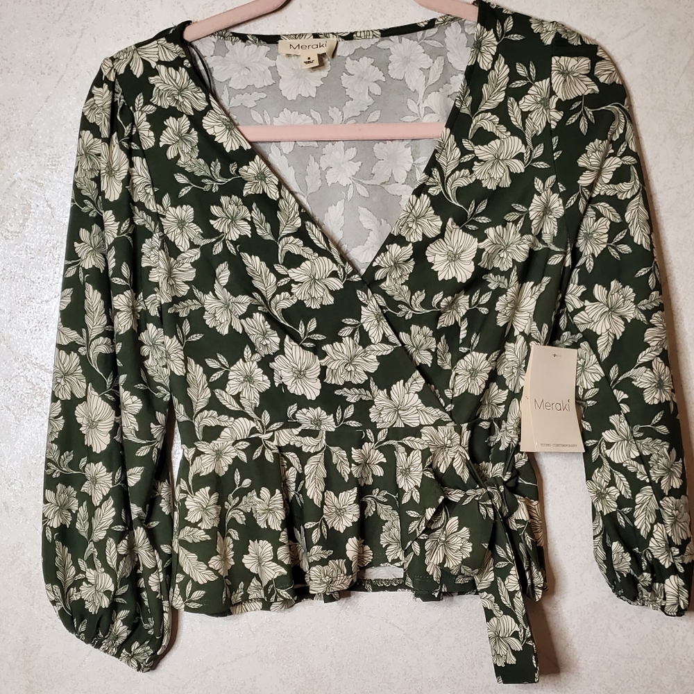 NWT Meraki Green Floral Wrap Top Size:S